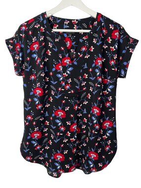 Talbots Women's XS Black Floral Short Sleeve Blouse Career Casual Top